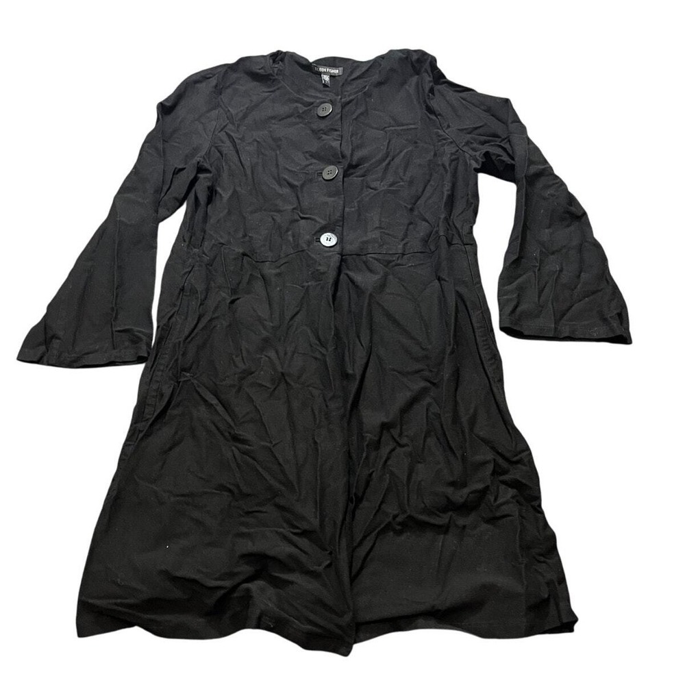 Eileen Fisher Long Jacket Womens S Black Button Front Bell Sleeve J1257M